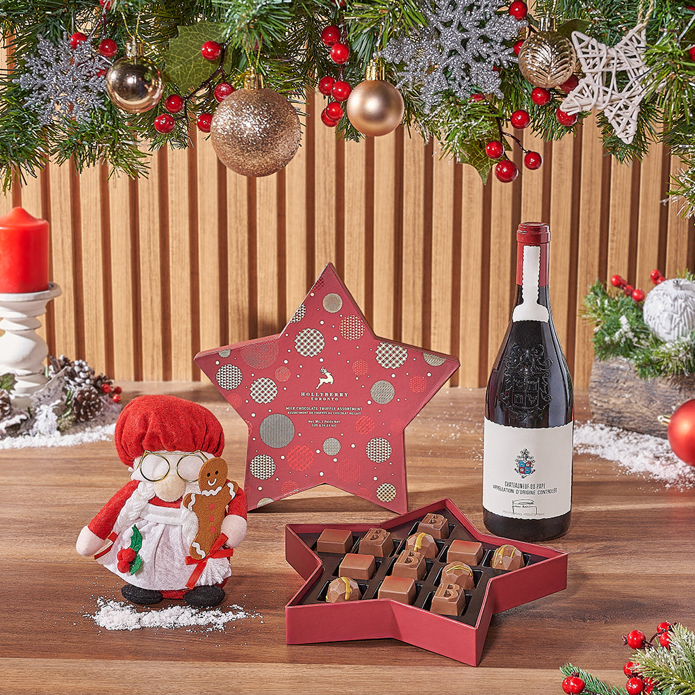 Star Box Wine Gift Basket with Assorted Gourmet Chocolate Truffles – how the gift is presented