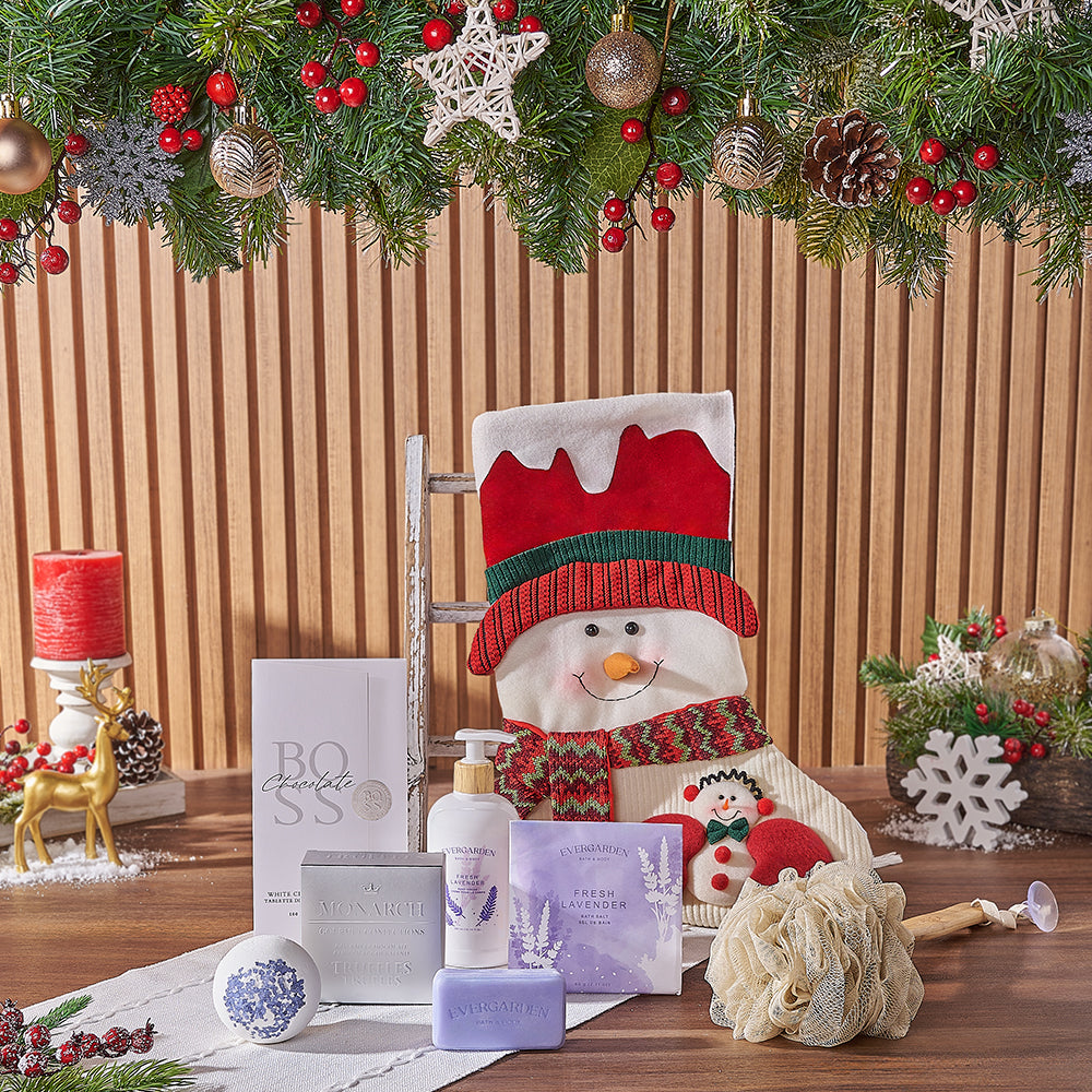 Festive Stocking Gift with Snowman and Lavender Spa Treats – how the gift is presented