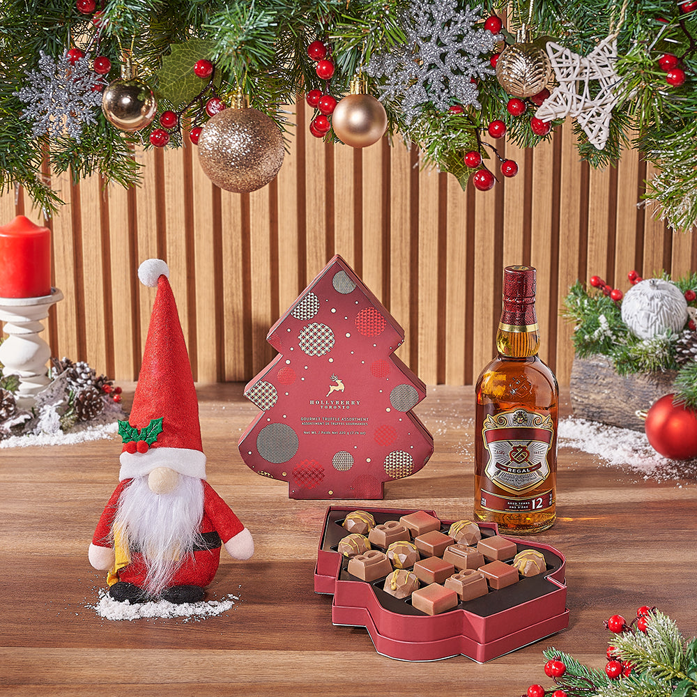 Holiday Season Whiskey Gift Box with Gourmet Chocolate Truffles and Santa Claus – how the gift is presented