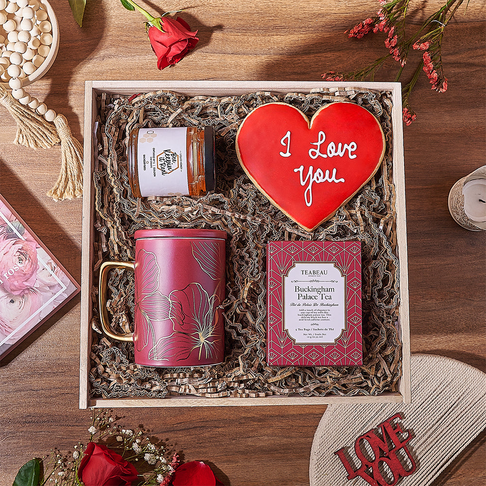 Valentine's Day Gourmet Gift Basket with Honey, Tea & Ceramic Mug – how the gift is presented