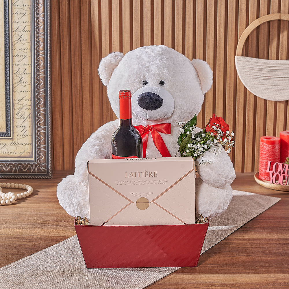 Wine Gift Basket for Valentine's with Red Rose, Laitière Chocolates and Bear – how the gift is presented