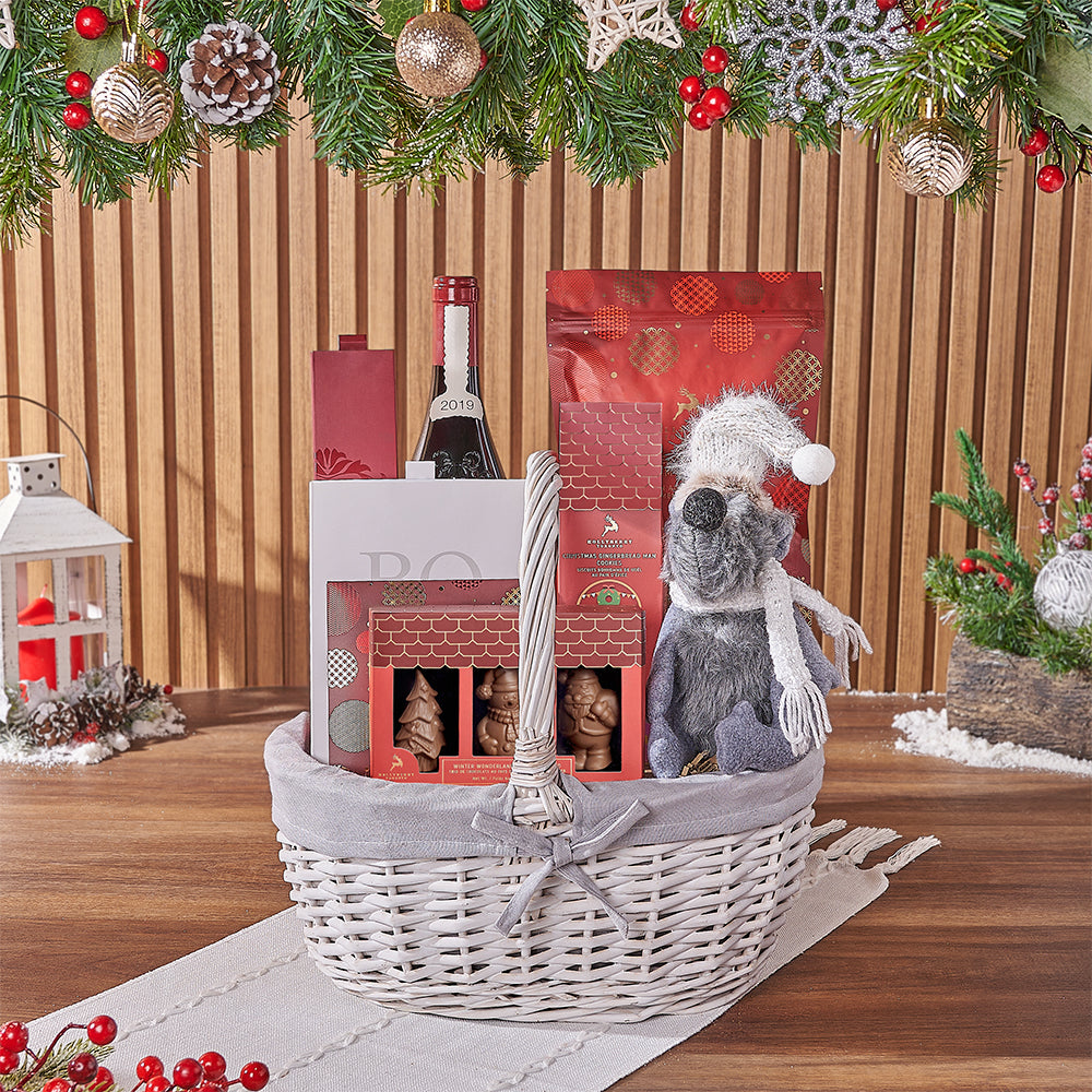 Christmas Wine Gift Basket Featuring Gourmet Chocolates and Peppermint Popcorn – how the gift is presented