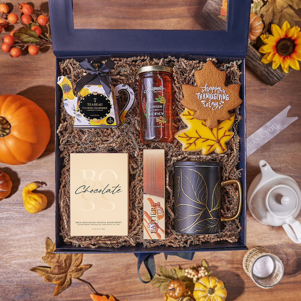 Thanksgiving Black Gift Box with Braswell's Honey and Chamomile Tea – how the gift is presented