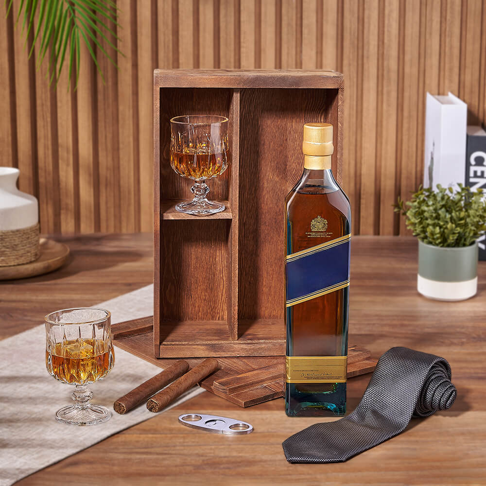 Whiskey Cigar and Glass Gift Basket – how the gift is presented
