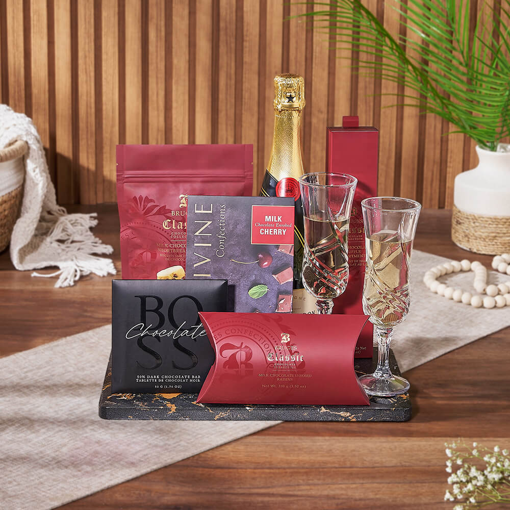 Premium Sparkling Wine and Chocolate Treat Basket Gift – how the gift is presented
