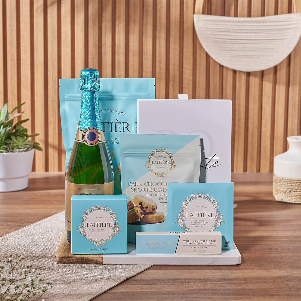 Sparkling Wine Gift Basket Featuring Assorted Chocolates and Marble Board – how the gift is presented