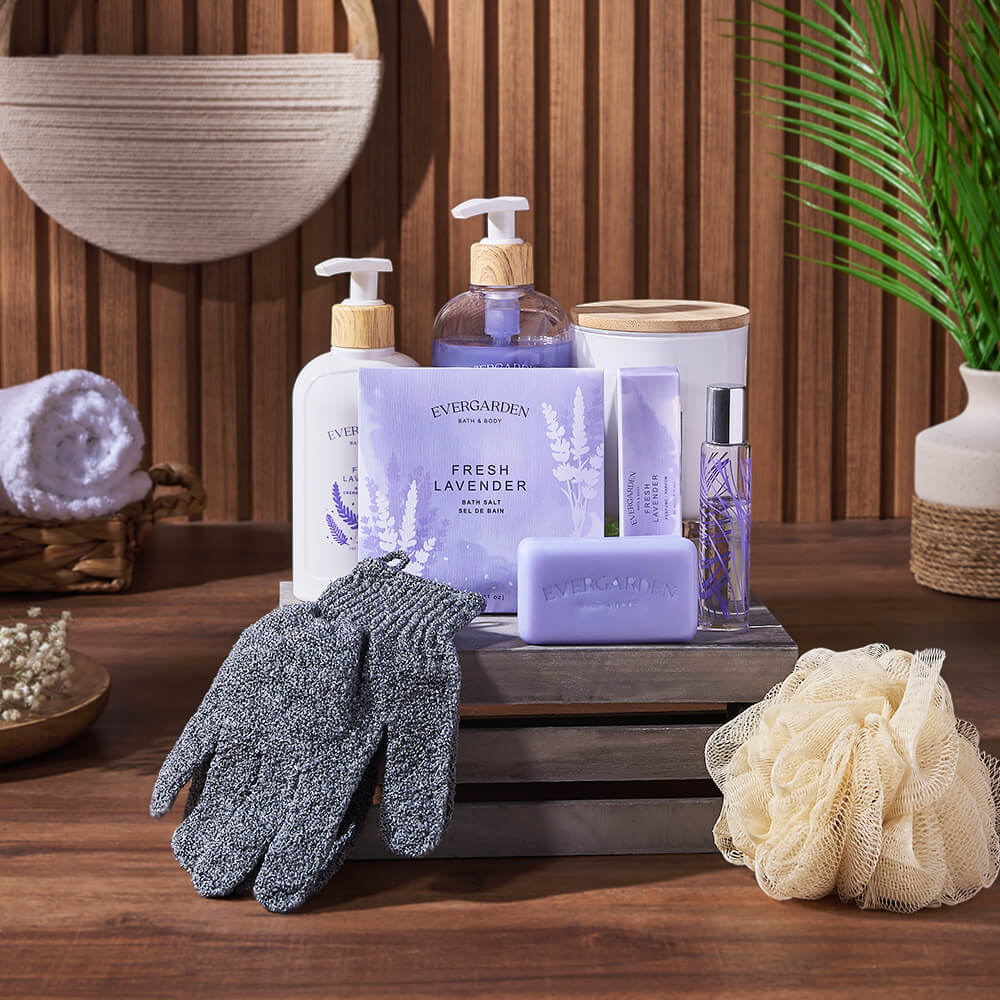 Lavender Scented Spa Gift Set with Candle in Grey Crate – how the gift is presented