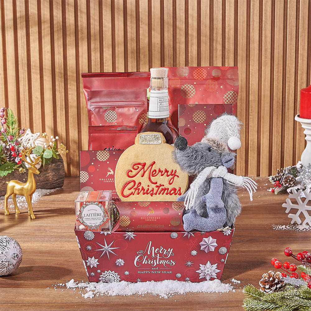 Holiday Season Whiskey and Gourmet Snack Tray Gift Basket – how the gift is presented