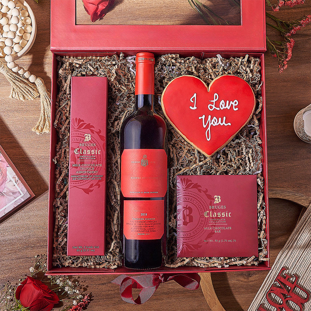 Valentine's Day Red Wine and Gourmet Bruges Treats Gift Box – how the gift is presented