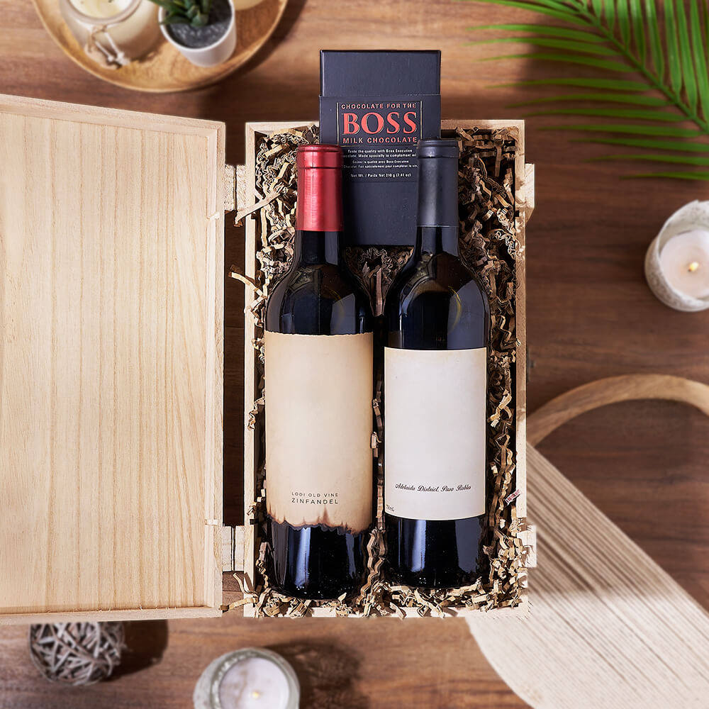 Wine Duo Crate with Chocolate – how the gift is presented