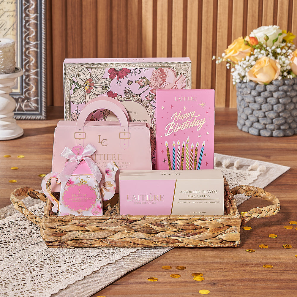 Birthday Treats in Woven Tray – how the gift is presented
