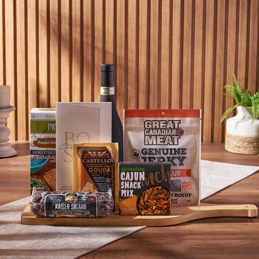 Wine & Cheesy Treats Platter, wine gift, wine, cheese gift, cheese, salami gift, salami, gourmet gift, gourmet, Ottawa delivery
