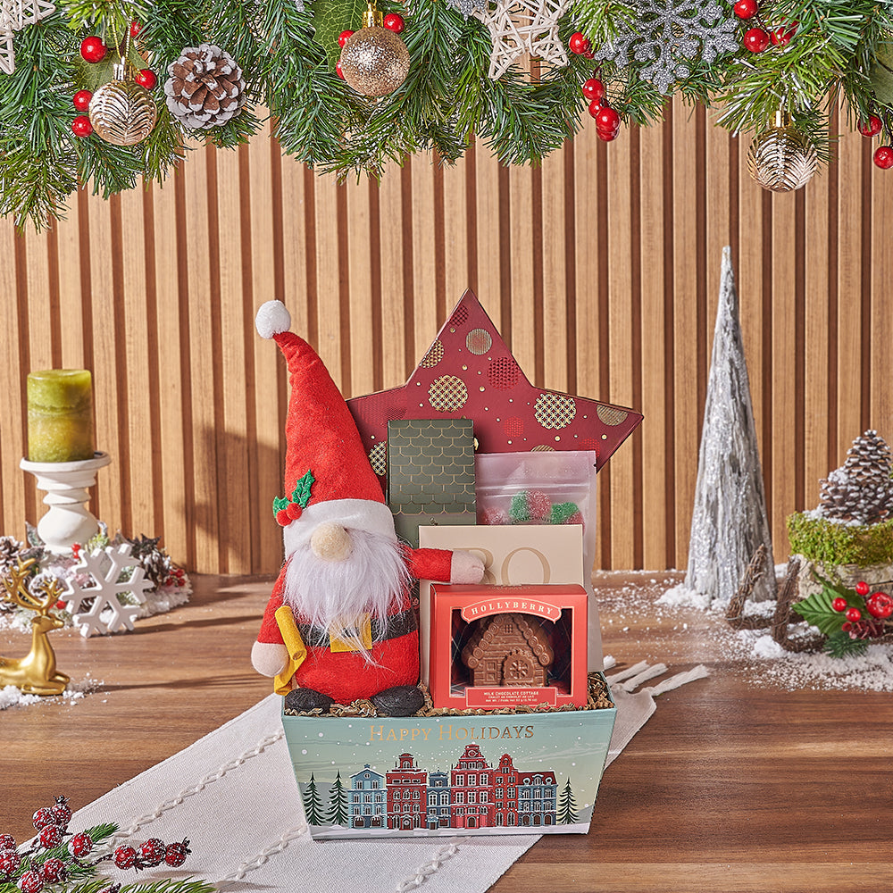 Christmas Plush Santa and Gourmet Assortment Gift Basket – how the gift is presented