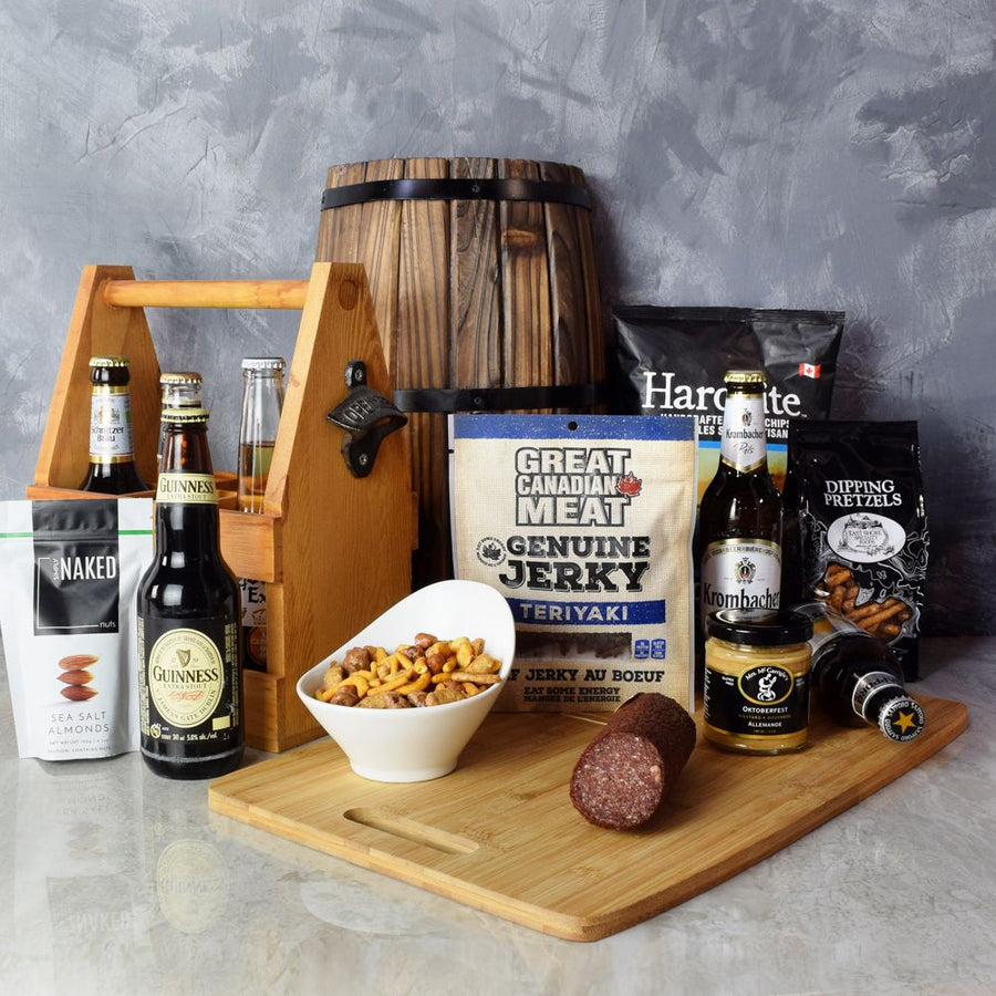 "Beer Lover’s Gourmet Gift Basket" 6 bottle of Beers with Chips, Mustard, Salt Almonds, Meat and Salami in a Wooden Cutting Board from Ottawa Baskets - Ottawa Delivery