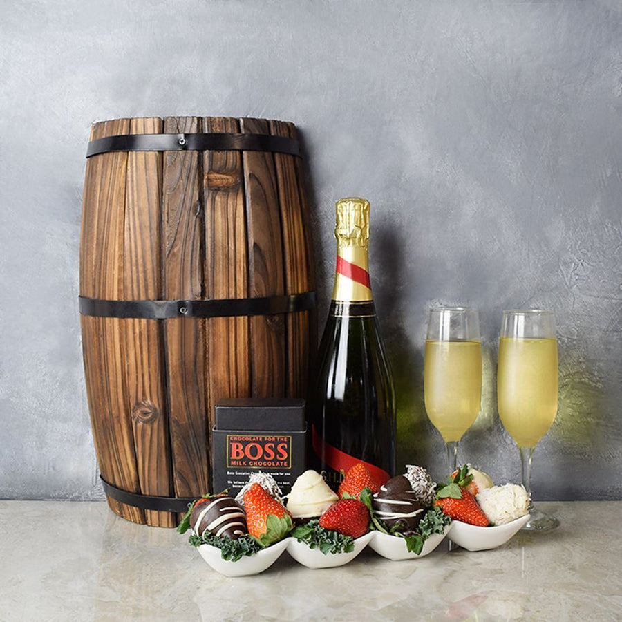 Brockton Champagne & Chocolate Dipped Strawberries Boat from Ottawa Baskets - Wine Gift Set - Ottawa Delivery.