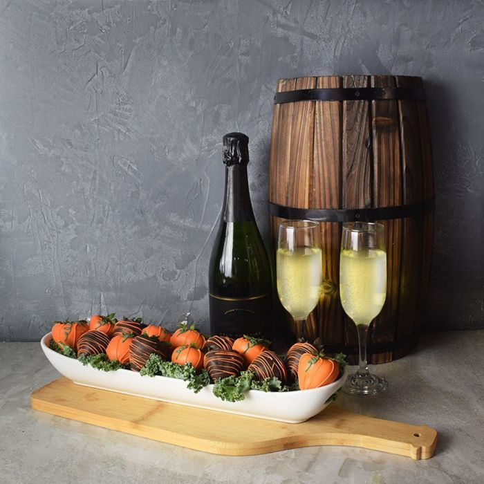 "Champagne & Chocolate Strawberries Gift Basket" A bottle of Champagne with Chocolate-dipped Strawberries on a Tray from Ottawa Baskets - Ottawa Delivery