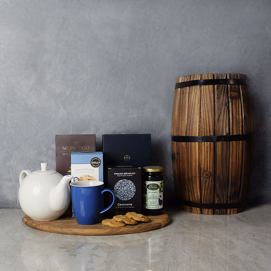 "Cozy Kosher Tea & Chocolate Gift Tray" Pretzels, Blueberry Spread, Chocolate Cookies, Tea and a Cutting Board from Ottawa Baskets - Ottawa Delivery