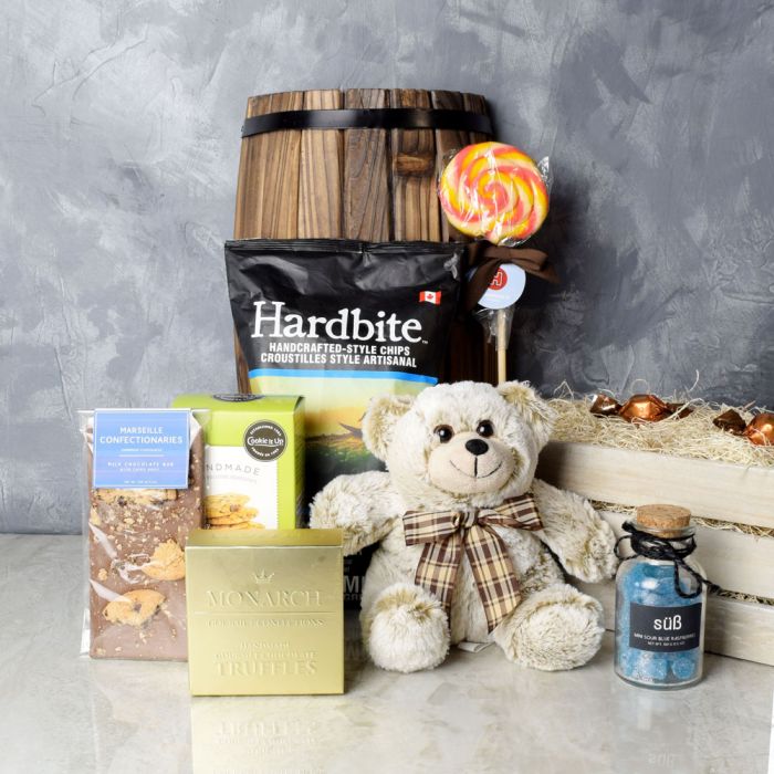 Deluxe Plush Silver Bear and Gourmet Snack Crate – how the gift is presented