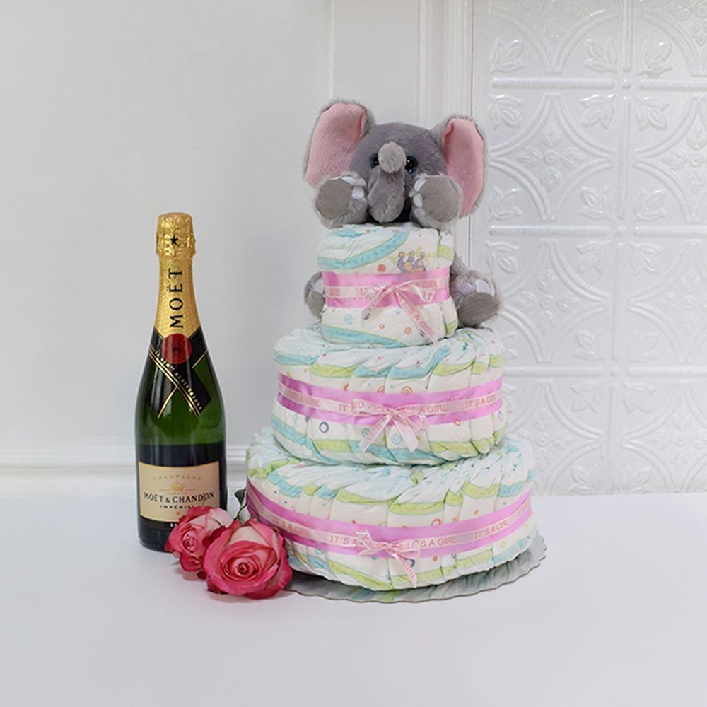 Three-Tier Diaper Cake Basket with Champagne and Plush Elephant – how the gift is presented