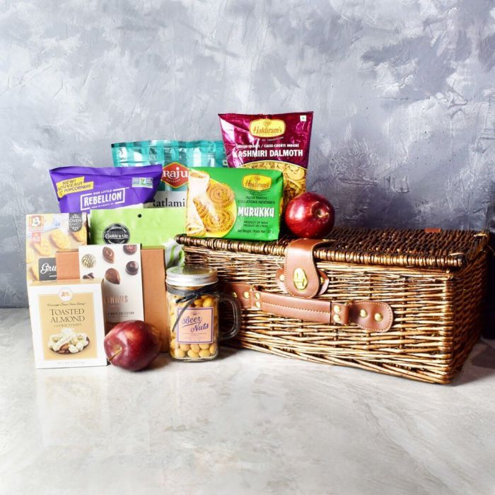 Diwali Celebration Gourmet Gift Basket in Wicker Picnic Basket – how the gift is presented