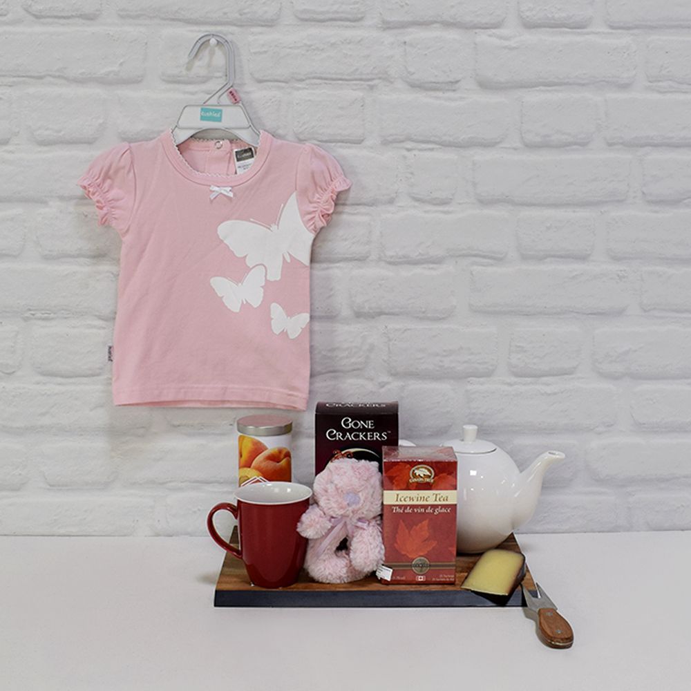 Baby Girl Keepsake Gift Basket with Honey, Cheese, and Teapot – how the gift is presented