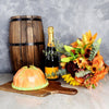 "Festive Fall Harvest Gift Set" A bottle of Wine, Vanilla Cake, and Bouquet of Fall Flowers from Ottawa Baskets - Ottawa Delivery