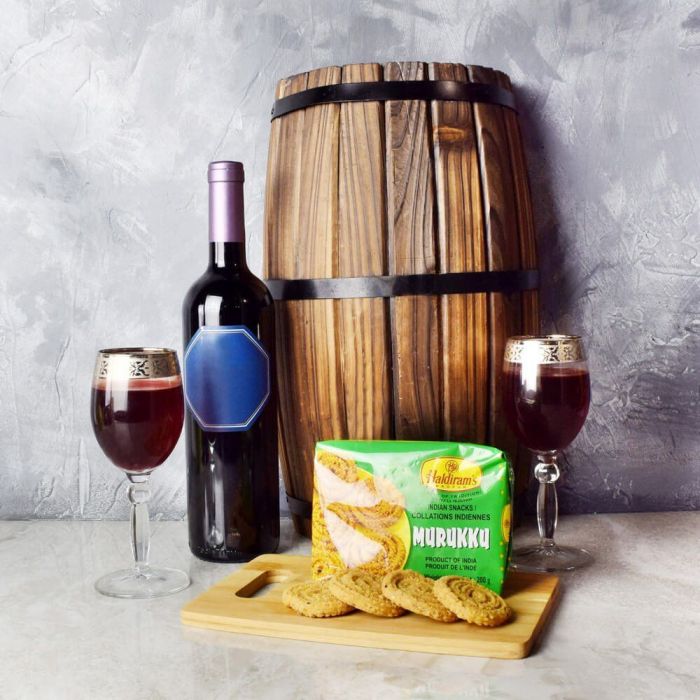 Diwali Wine Gift Basket with Haldiram's Murukku and Glasses – how the gift is presented