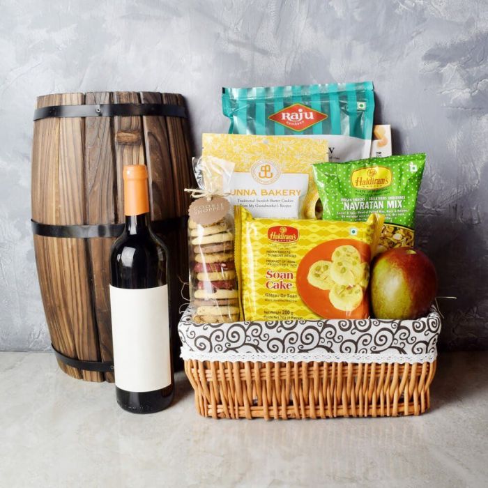 Deluxe Wine and Gourmet Treats Diwali Gift Basket – how the gift is presented