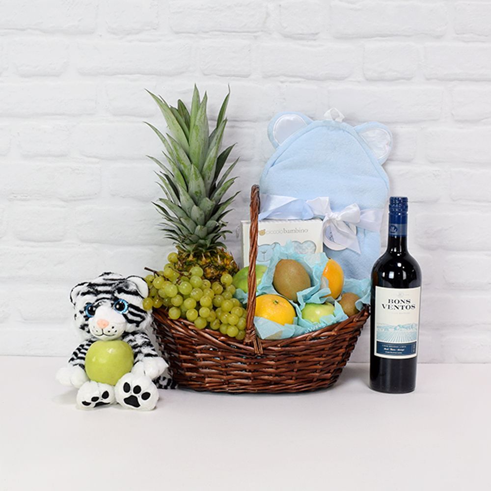 "Fruit Cocktail &amp; Cuddles Gift Set" A bottle of Wine with Fruits in a Basket and Baby Towel from Ottawa Baskets - Ottawa Delivery