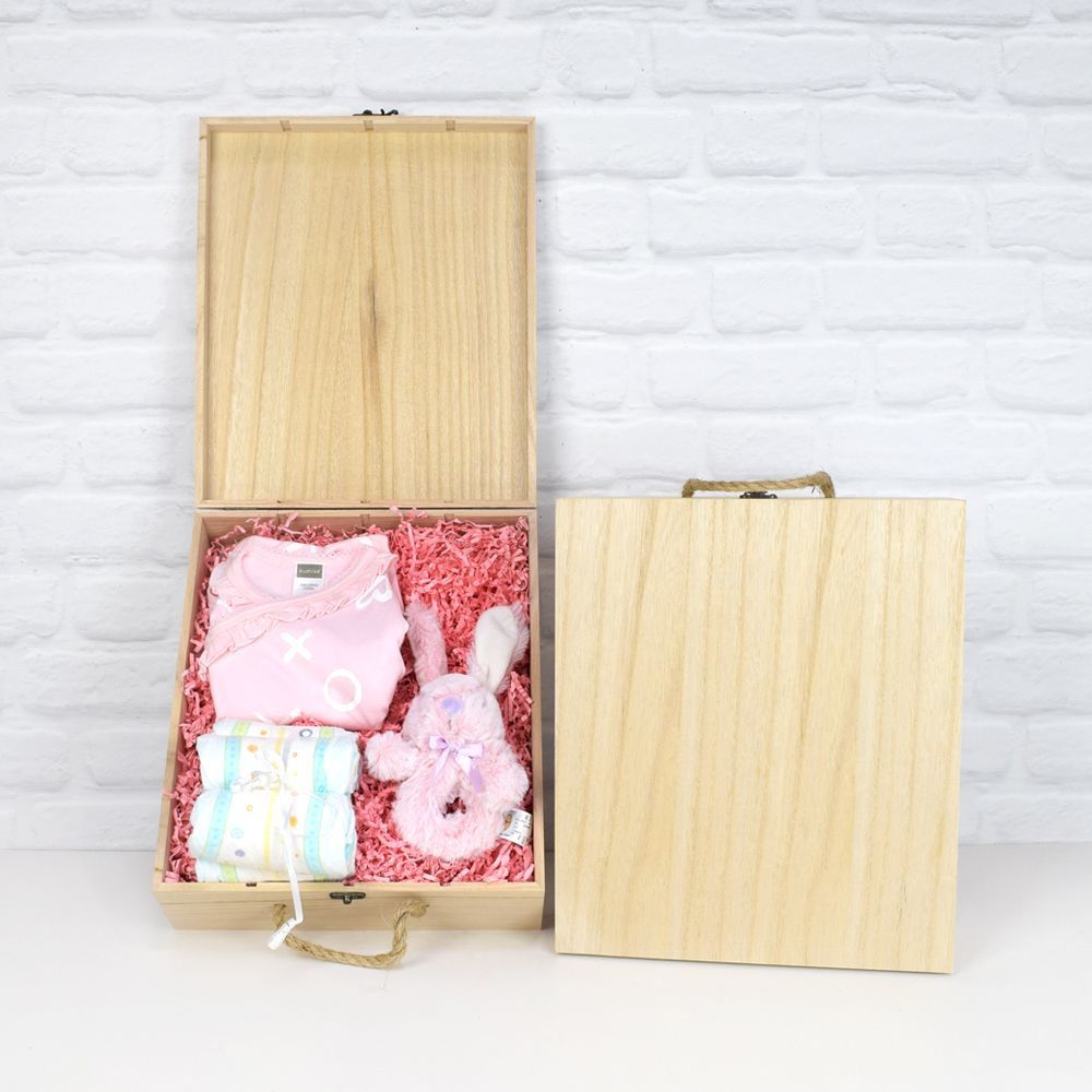 Baby Arrival Gift Box with Kushies Clothing and Plush Rattle – how the gift is presented