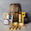 "Gourmet Cheese & Kitchen Gift Set" A wooden cutting board with Kitchen Essentials, and a Cracker, Pistachios, Pretzels, Olive Oil, and Chocolate Box from Ottawa Baskets - Ottawa Delivery