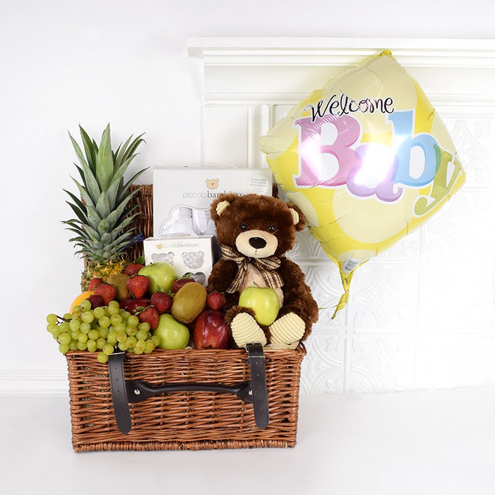Elegant Baby Gift Basket with Cozy Socks, Blankets, and Fresh Fruit – how the gift is presented