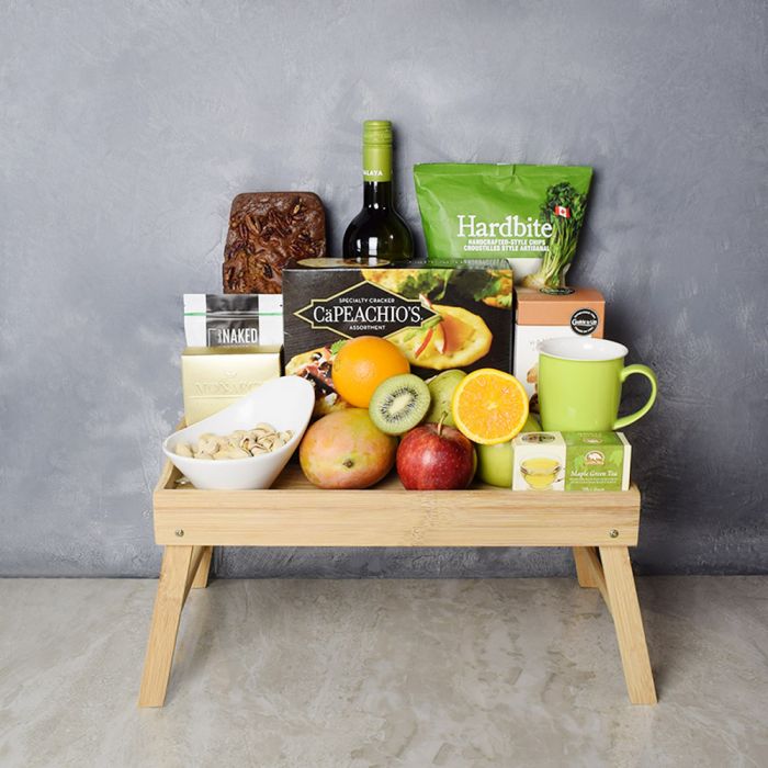 "Health Is Wealth Gift Basket" Fresh Fruits, Chips, Maple Green Tea, Pistachios, Cookies, Truffles, and a Bottle of Wine from Ottawa Baskets - Ottawa Delivery