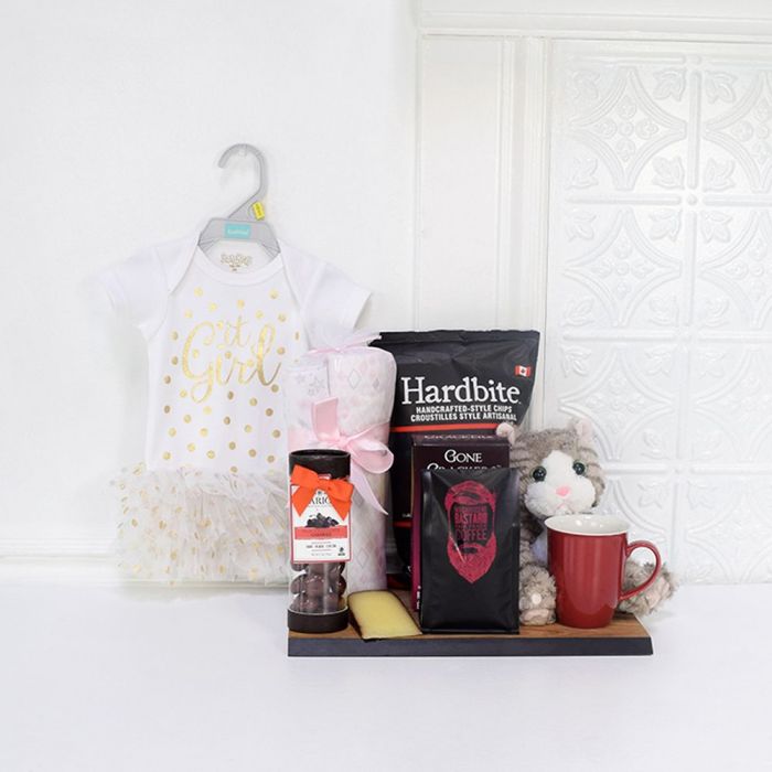 New Baby Gift Basket with Plush Kitten, Onesie & Gourmet Snacks – how the gift is presented