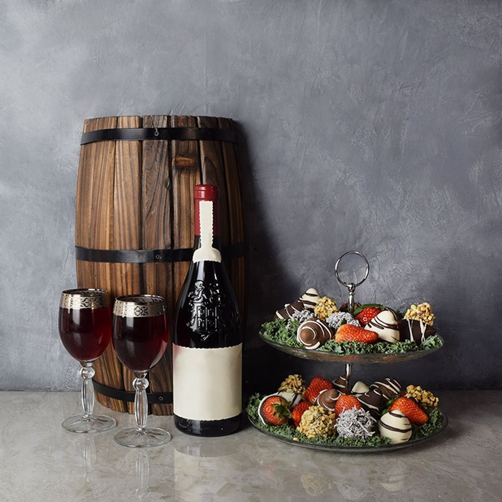 Wine and Chocolate-Dipped Strawberry Gift Hamper for Valentine's Day – how the gift is presented