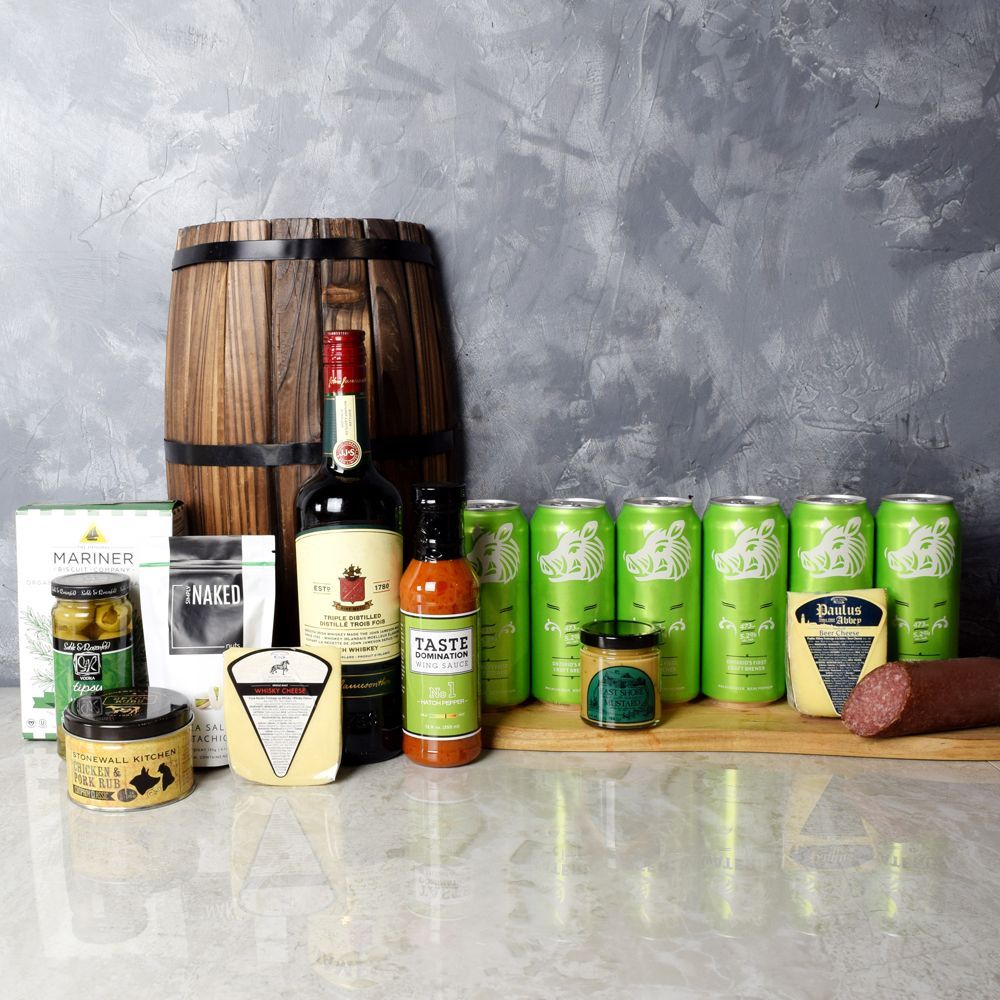 St. Patrick's Celebration Beer Basket with Kettle Chips and Cheese Biscuits – how the gift is presented