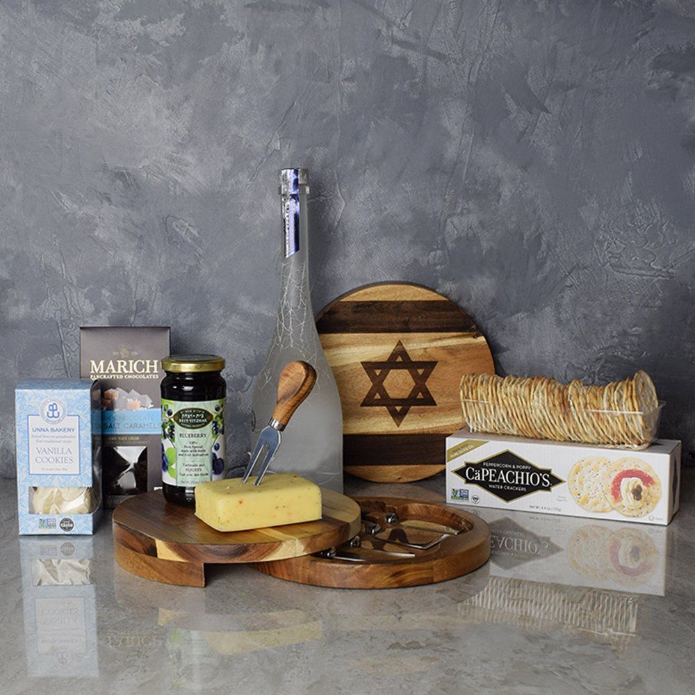 "Kosher Liquor &amp; Snacks Platter" Gourmet Cheese and Crackers in a Wood Cutting Board with A Bottle of Liquor from Ottawa Baskets - Ottawa Delivery
