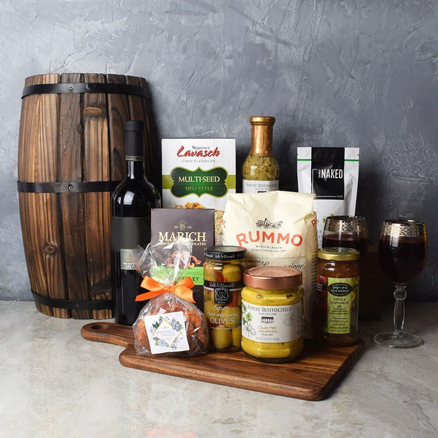 "Kosher Wine Celebration Basket" Assorted Snacks and Spreads with a Bottle of Wine in a Wood Cutting Board from Ottawa Baskets - Ottawa Delivery