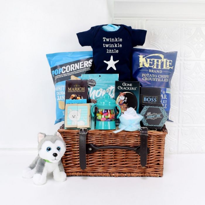 The Little Baby Arrival Basket with Cotton Bodysuit and Snacks – how the gift is presented