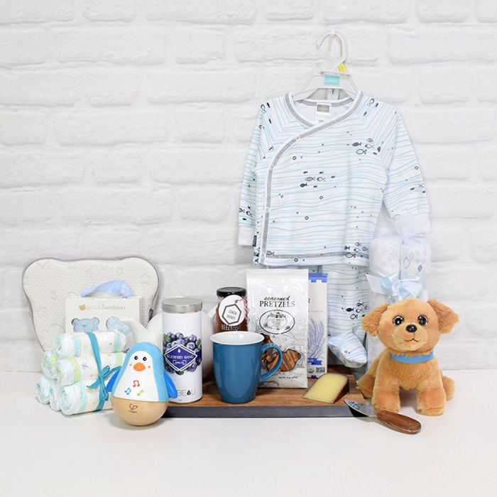 Celebration Baby Basket with Diapers, Blankets, and Snacks – how the gift is presented