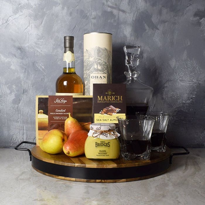 Gourmet Liquor Gift Basket on Wooden Cutting Board with Decanter Set – how the gift is presented
