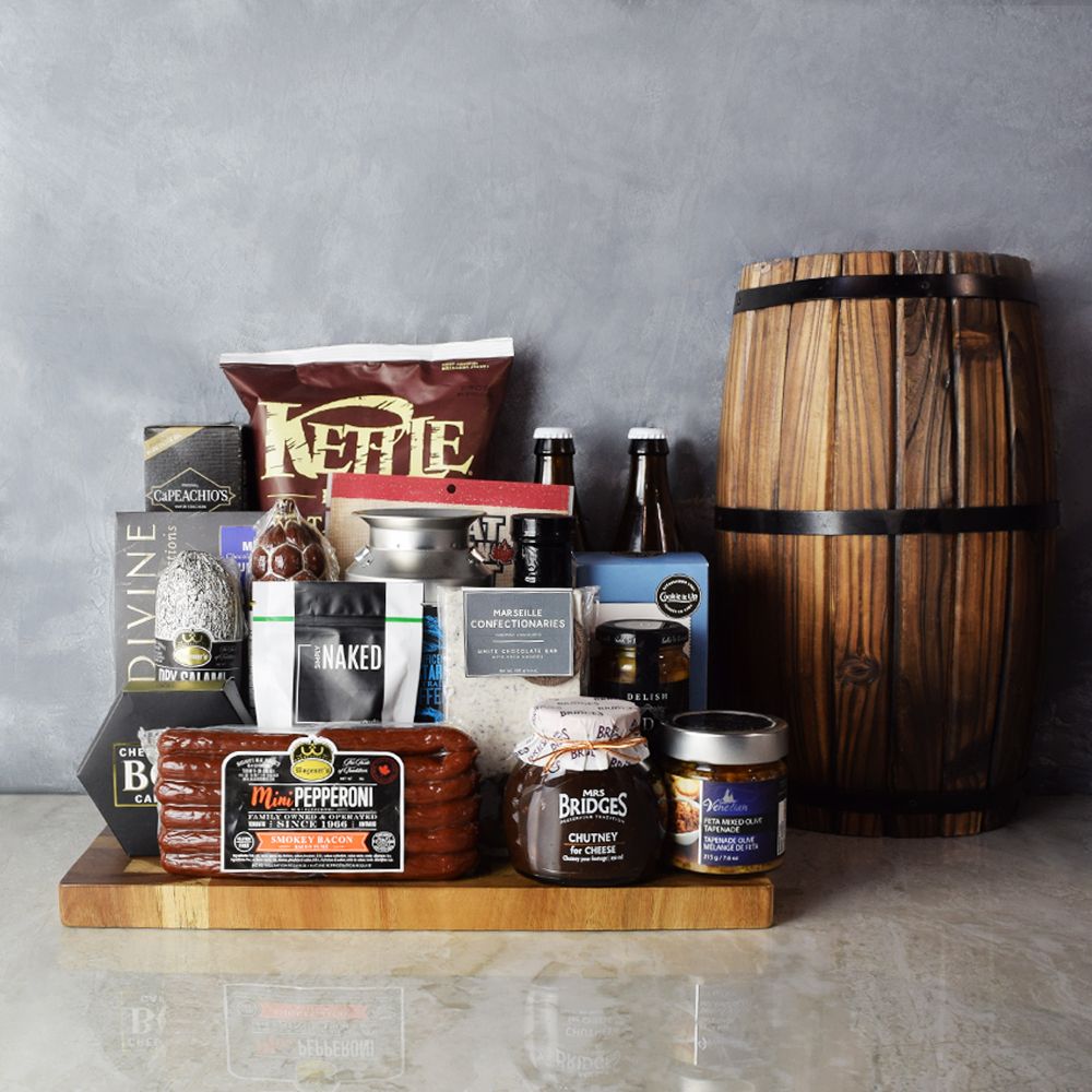 "Meat &amp; Cheese for Two Gift Basket" Two bottles of Beer with Meat beef Jerky, Salami, Chips, Almonds, Camembert, Olives and many more from Ottawa Baskets - Ottawa Delivery