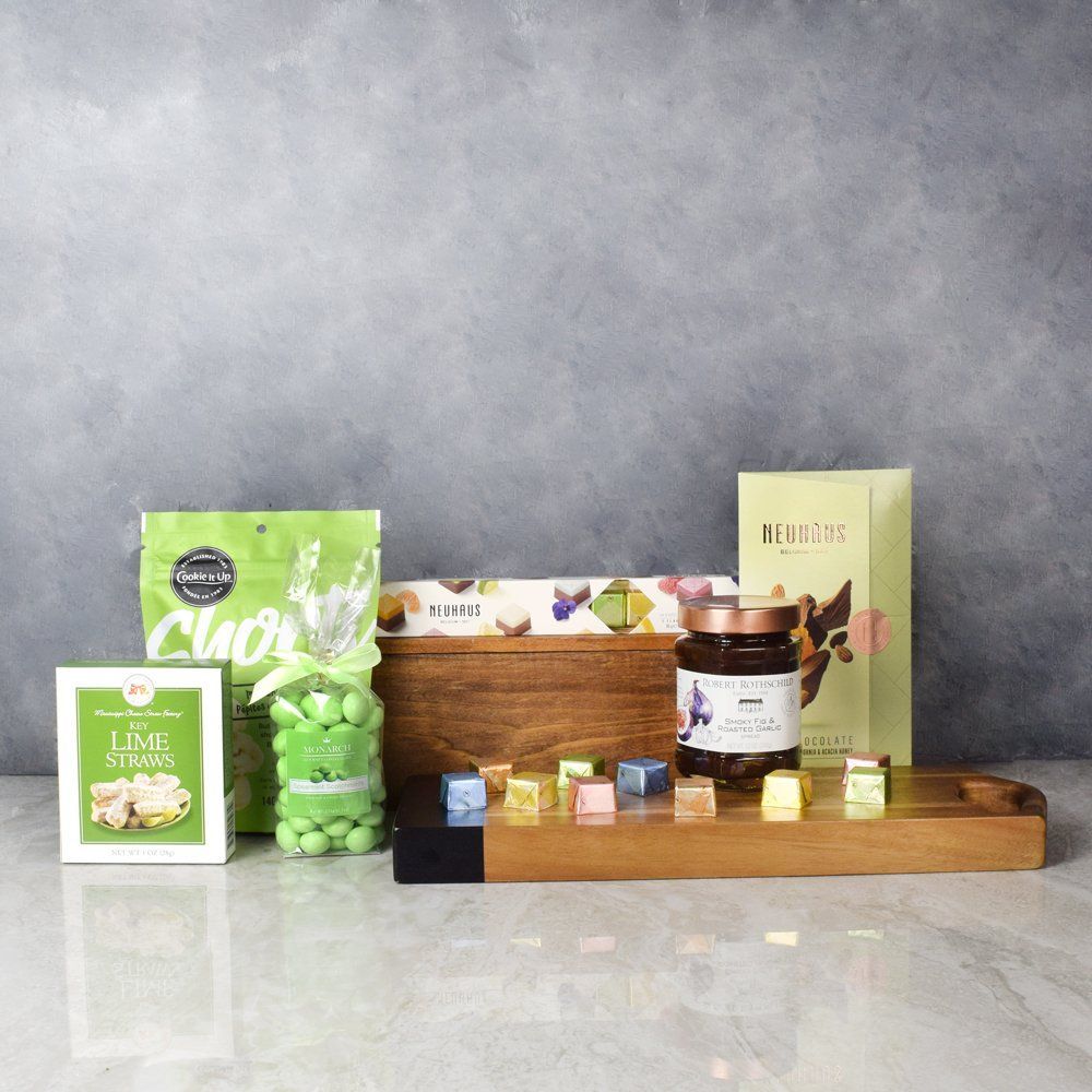 Gourmet Chocolate Gift Basket with Neuhaus and Monarch Selection – how the gift is presented