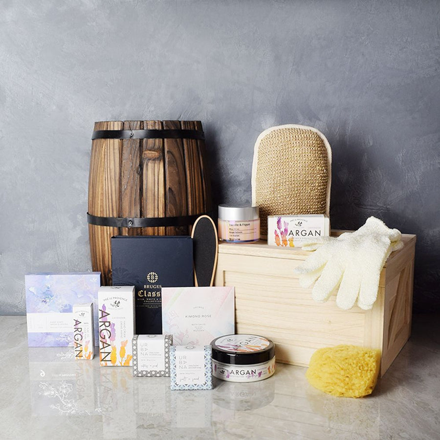 The Radiant & Lavish Spa Gift Set that includes an array of skincare essentials that will bring the spa-like experience to the comfort of their home. These include Urban Spa’s wide range of cleansing and care products such as the bamboo and jute bath mitt, exfoliating gloves, foot file or dry and damaged skin, and a circulation-boosting bath sponge to take care of skin gently while providing visibly smoother skin after shower from Ottawa Baskets - Ottawa Delivery