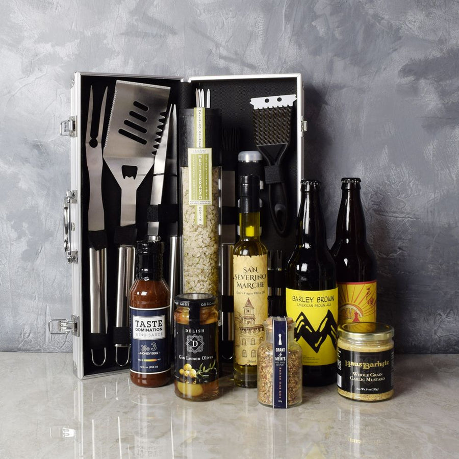 "Rosedale Barbecue Gift Set" Stainless-Steel Grilling Set, Storage Case, Mustard, Sauce, Oil, Spices and a Bottle of Beer from Ottawa Baskets - Ottawa Delivery