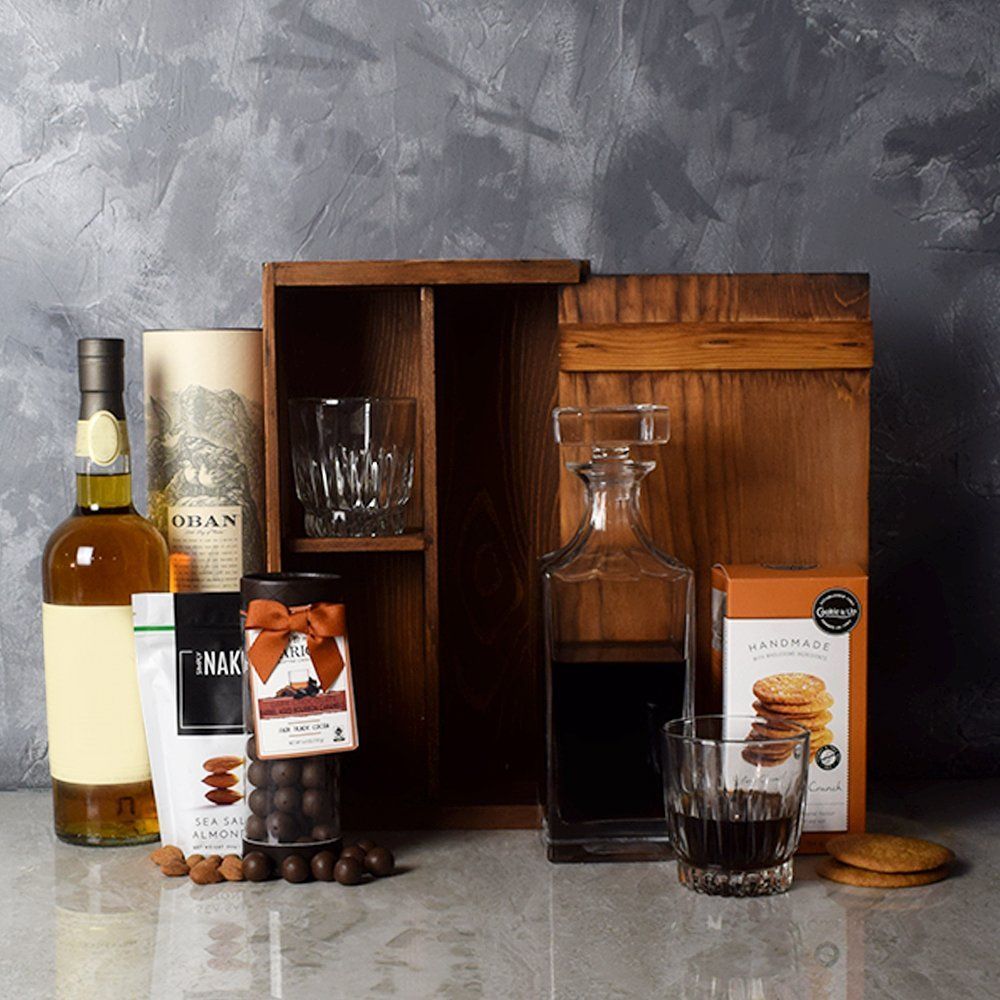 Rustic Decanter Whiskey Gift Basket with Bourbon Caramels – how the gift is presented