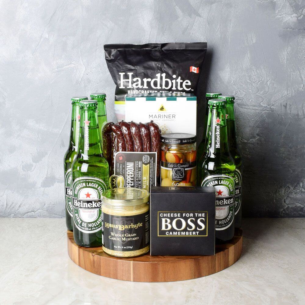 "Six Pack &amp; Snack Gift Set" 6 beers with Mustard, Chips, Olives and Pepperoni in a Cutting Board from Ottawa Baskets - Ottawa Delivery