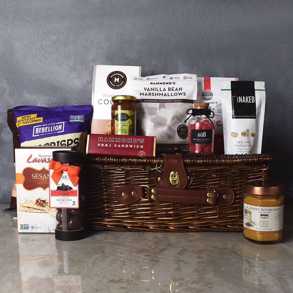 Sweet &amp; Savoury Kosher Treats Basket" A basket contains Sweet and Savoury Snacks from Ottawa Baskets - Ottawa Delivery