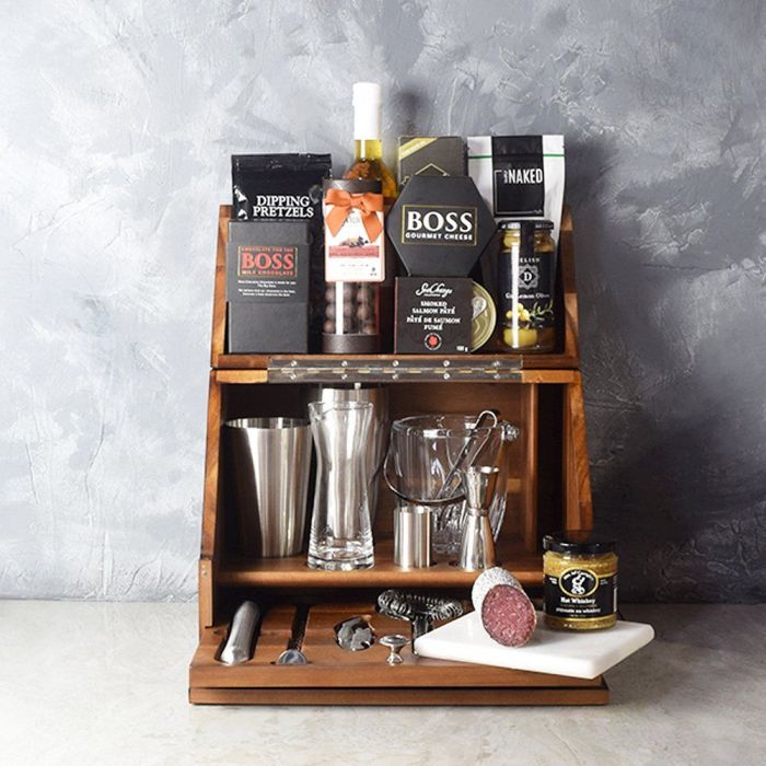 Cherry-Stained Acacia Tabletop Bar Gourmet Gift Basket – how the gift is presented