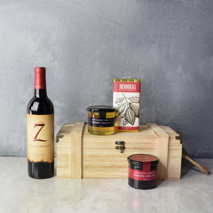 Refined Wine Gift Basket with Niagara and Concord Wine Jellies – how the gift is presented